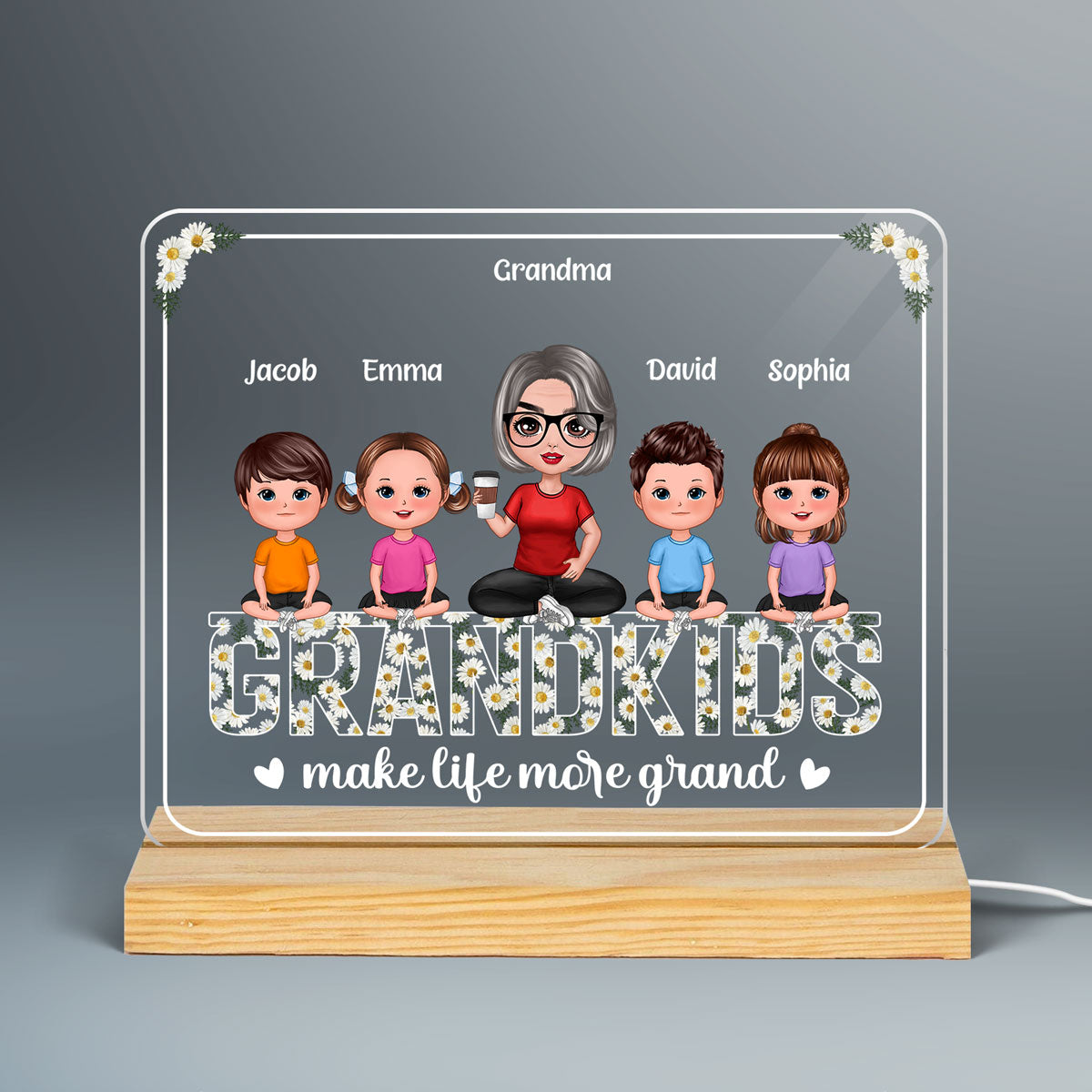 Grandma And Grandkids Sitting On Daisy Flowers Word Personalized Custom Shape Acrylic Plaque LED Night Light