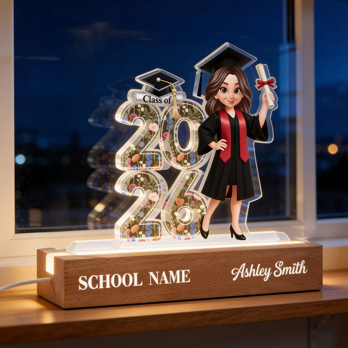 Class Of 2026 2027 Senior Floral - Personalized Acrylic Block LED Night Light - Graduation Gift For Graduates, Daughter