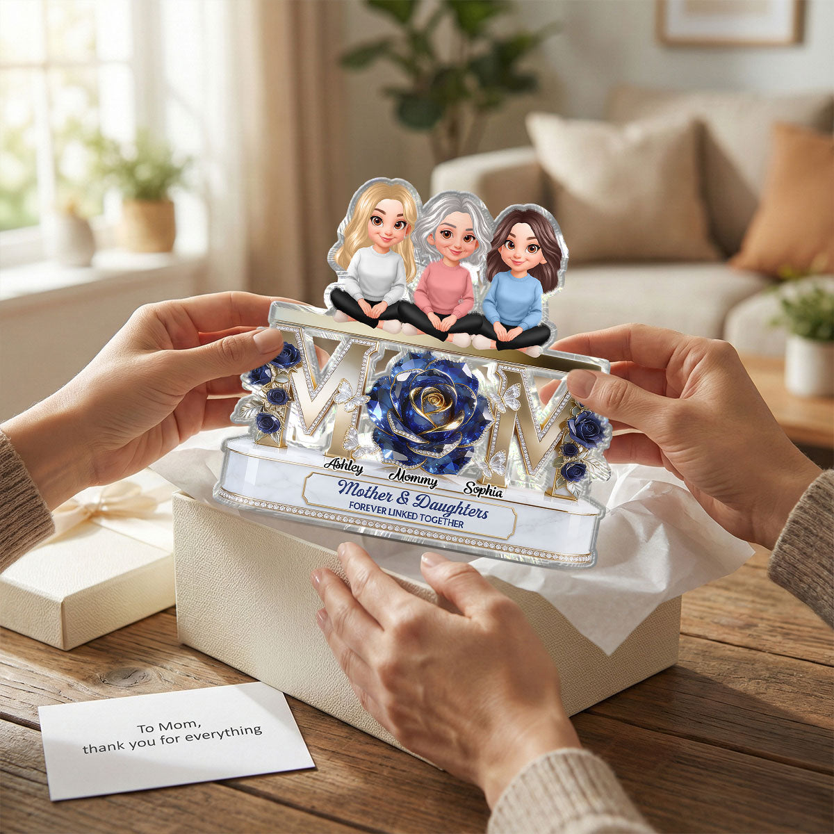 Beautiful Blue Roses MOM And Daughters Sons - Personalized Acrylic Block Plaque - Gift For Mom