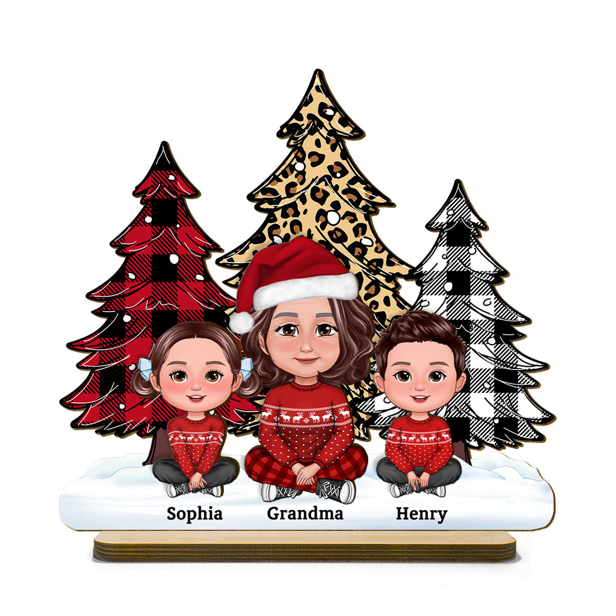 Leopard Checkered Pattern Christmas Tree Grandma Grandkids Personalized 2-Layer Standing Wooden Plaque