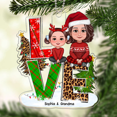 LOVE Christmas Pattern Stacked Grandma Grandkid Sitting Personalized Acrylic Ornament
