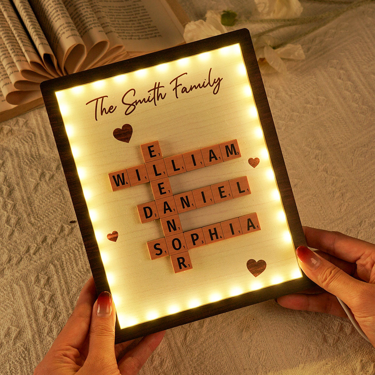 Family Crossword Art - Created In A Moment, Treasured Forever Personalized 2-Layer Wooden Plaque With LED, Gift for Mother's Day