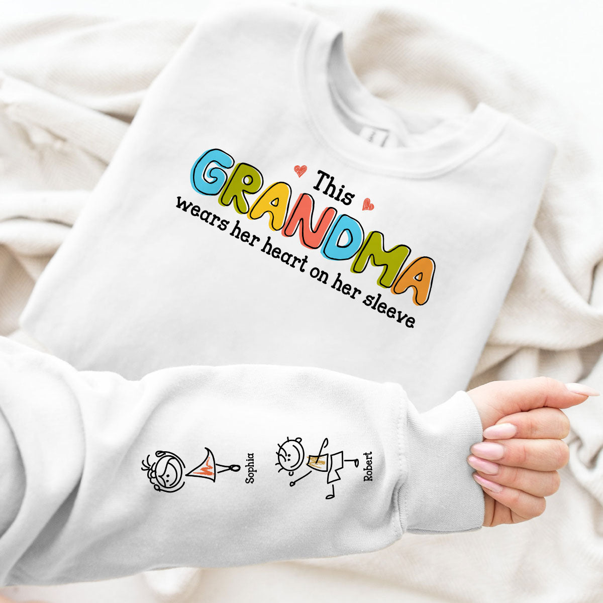 This Grandma Wears Her Heart On Her Sleeve Personalized Sleeve Printed Sweatshirt, Gift For Grandma