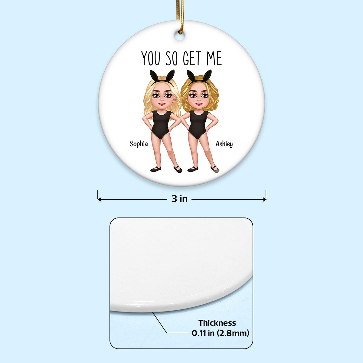 Besties Sisters With Bunny Ears Personalized Circle Ceramic Ornament, Funny Gift for Besties, Friends