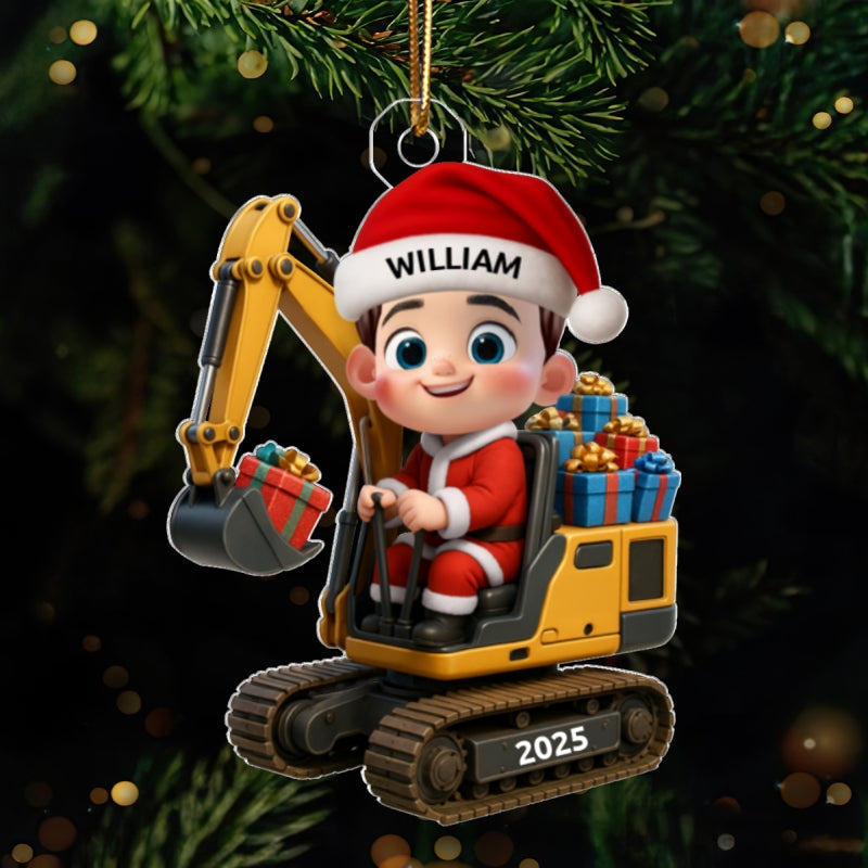 3D Effect Cute Cartoon Kid With Christmas Excavator Personalized Acrylic Ornament, Christmas Gift For Grandkids, Kids