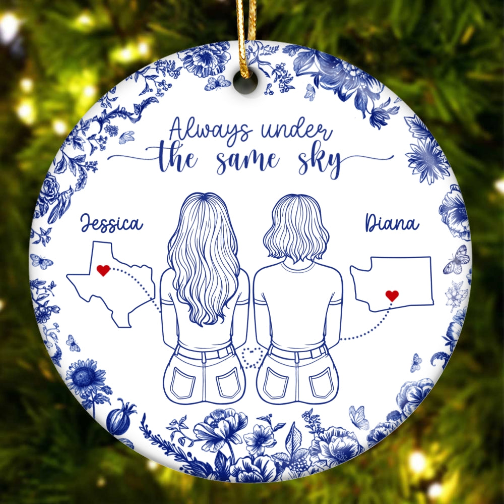 Chinoiserie Pattern Long Distance Besties State Map Personalized Ceramic Ornament