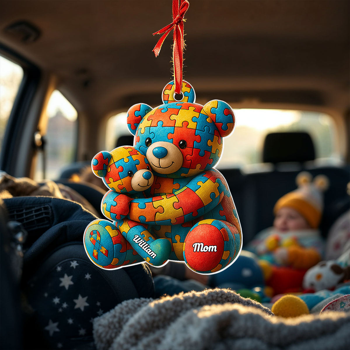 Autism Bear Mom & Kid Autism Awareness Personalized Car Hanger Ornament