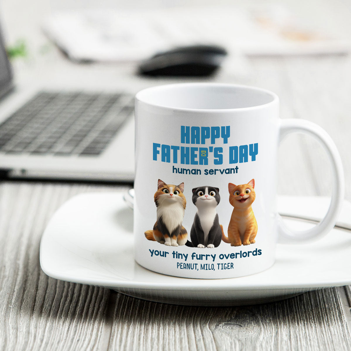 Happy Father's Day Human Servant Personalized Mug, Cute Cartoon Cats, Unique Father's Day Gift for Cat Dads