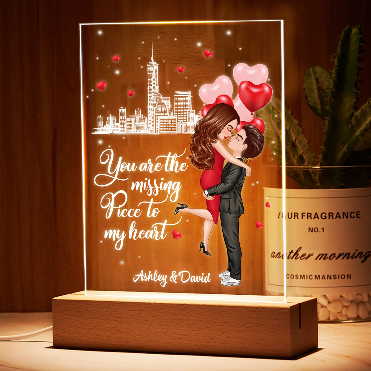 The Missing Piece To My Heart Personalized Plaque LED Night Light, Acrylic LED Lamp, Valentine‘s Day Gift For Him, For Her