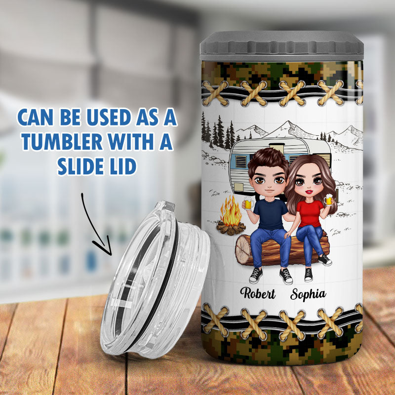 Doll Camping Couple On Wood Log Personalized 4 In 1 Can Cooler