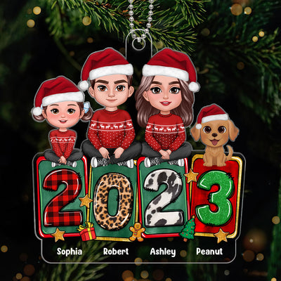 Family Dad Mom Kids Dogs Cats Crossed Legs Sitting On 2023 Blocks Personalized Acrylic Ornament