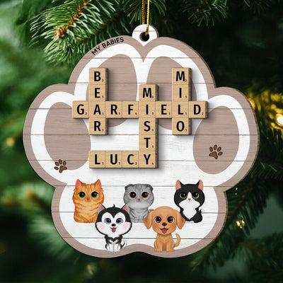 My Babies Dog Cat Crossword Puzzle Art Personalized Paw Shaped 2-Layer Wooden Ornament