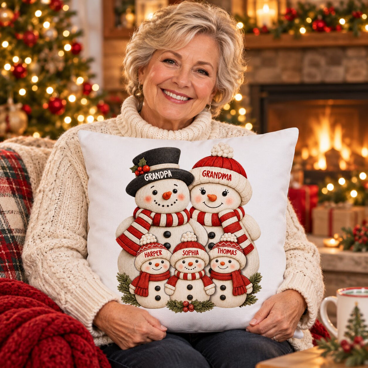 Cute Snowman Grandparents & Grandkids 2D Flat Printed - Personalized Pillow - Christmas Decor For Family, Grandma, Grandpa