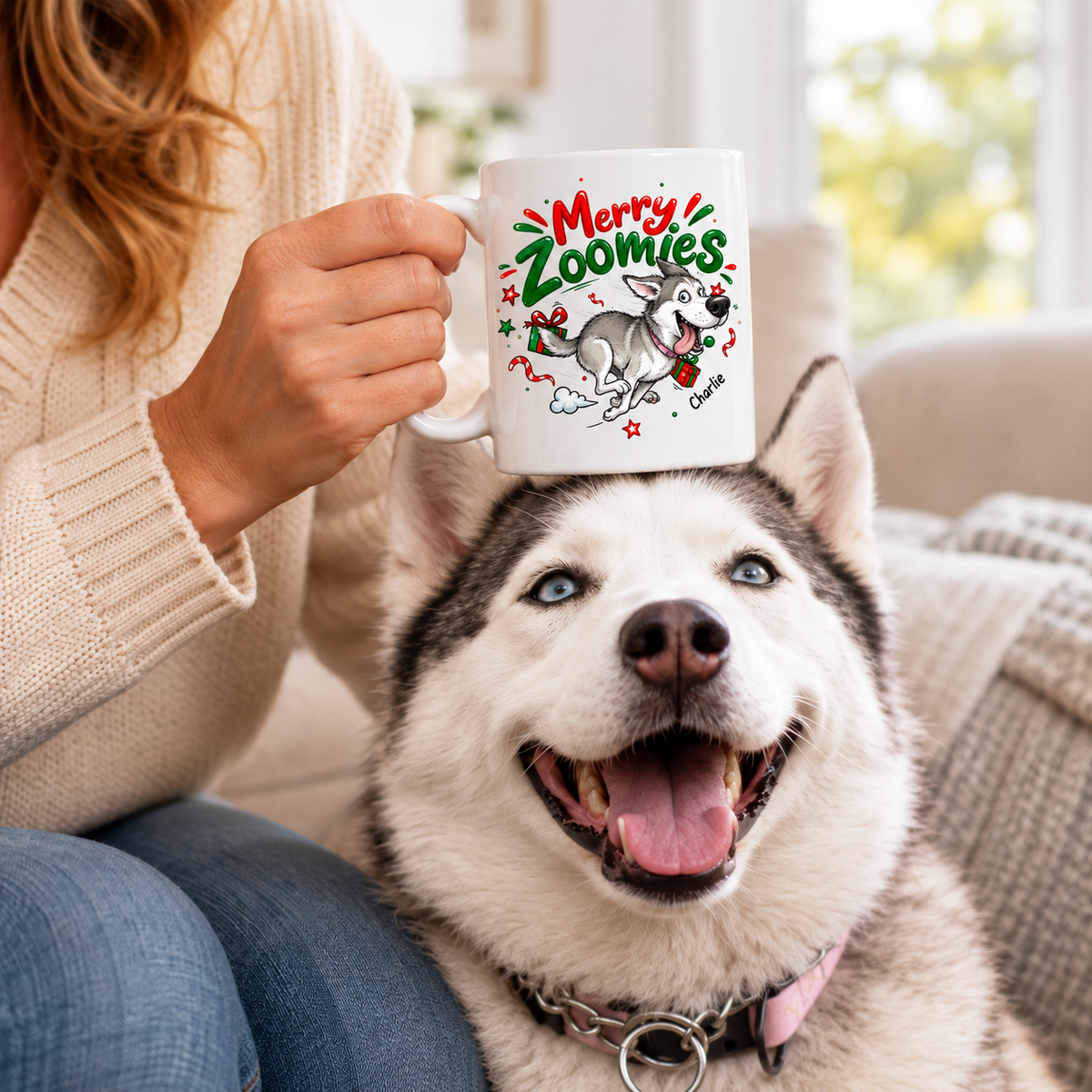 Merry Zoomies Quirky Dog Portrait From Your Custom Pet Photo - Personalized Mug - Funny Christmas Gift For Dog Lover