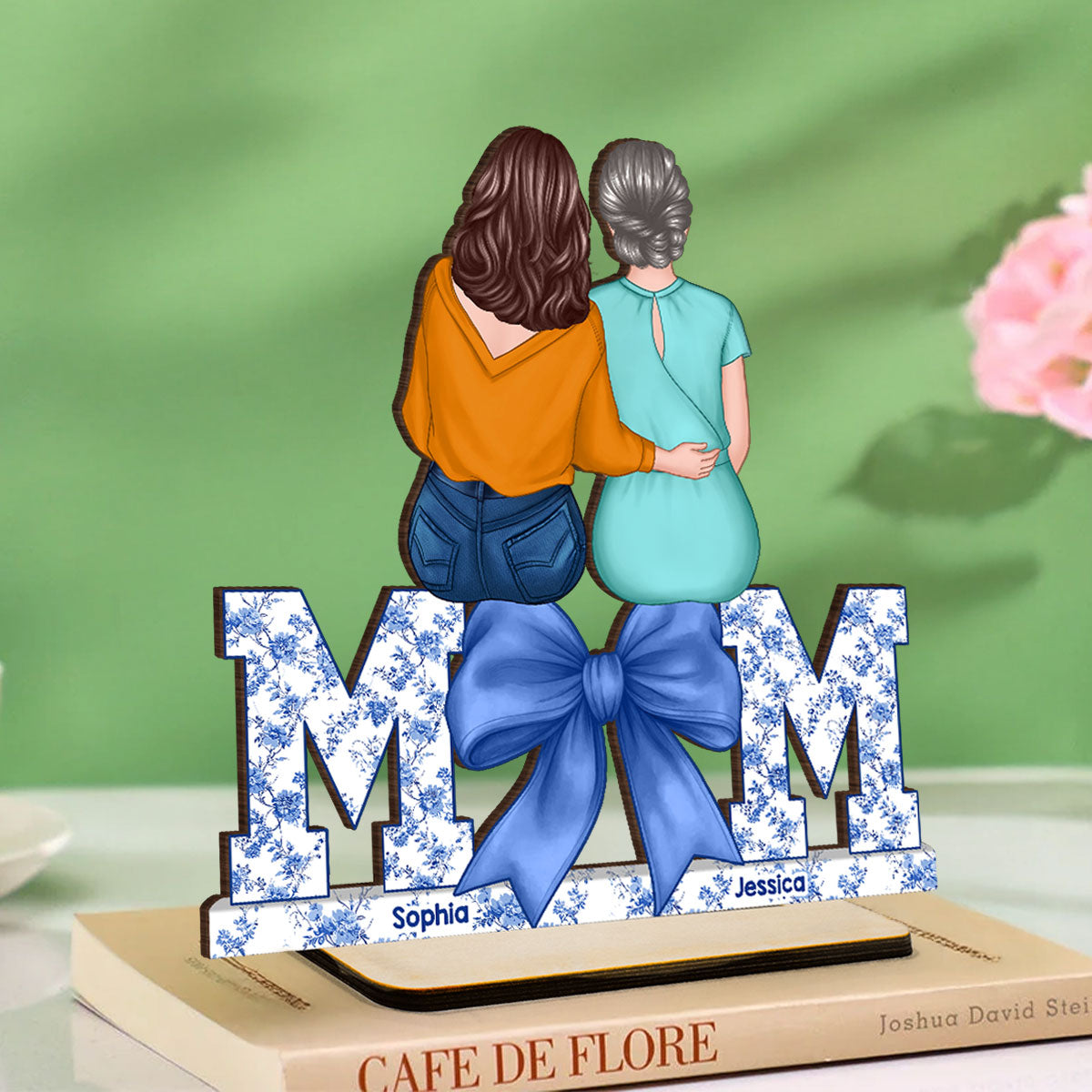 Mother Daughters Blue Floral Chinoiserie Personalized Standing Wooden Plaquer, Gift