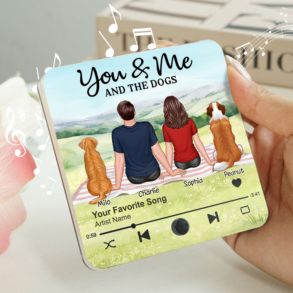 Couple & Dog Picnic In Park Personalized Music Fridge Magnet, Gift For Him, For Her