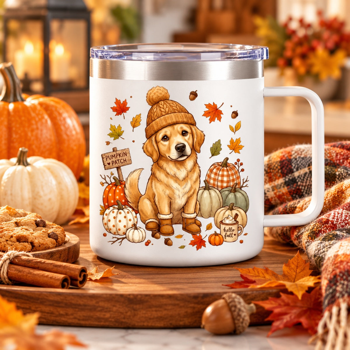 Custom Dog Photo Pumpkin Patch - Personalized Stainless Steel Tumbler With Handle - Fall Gift for Dog Moms, Cat Moms, Pet Lovers