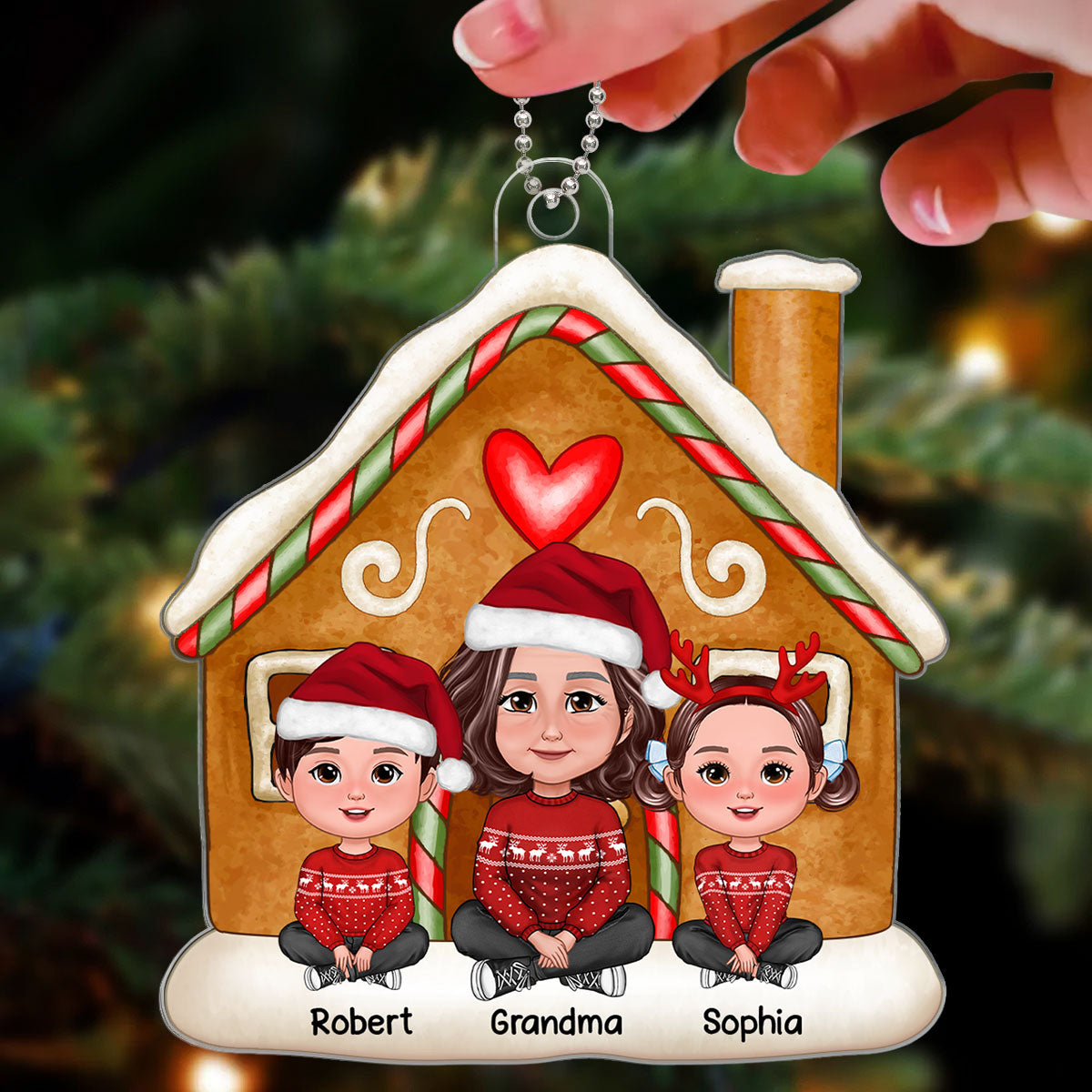 Grandma Grandkids Sitting On Gingerbread House Christmas Gift Personalized Acrylic Ornament