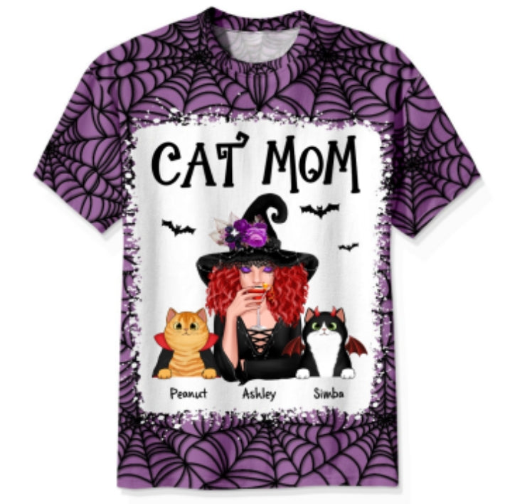 Halloween Spider Web Witch Cat Mom Personalized Shirt, Spooky Halloween Costume For Cat Lovers