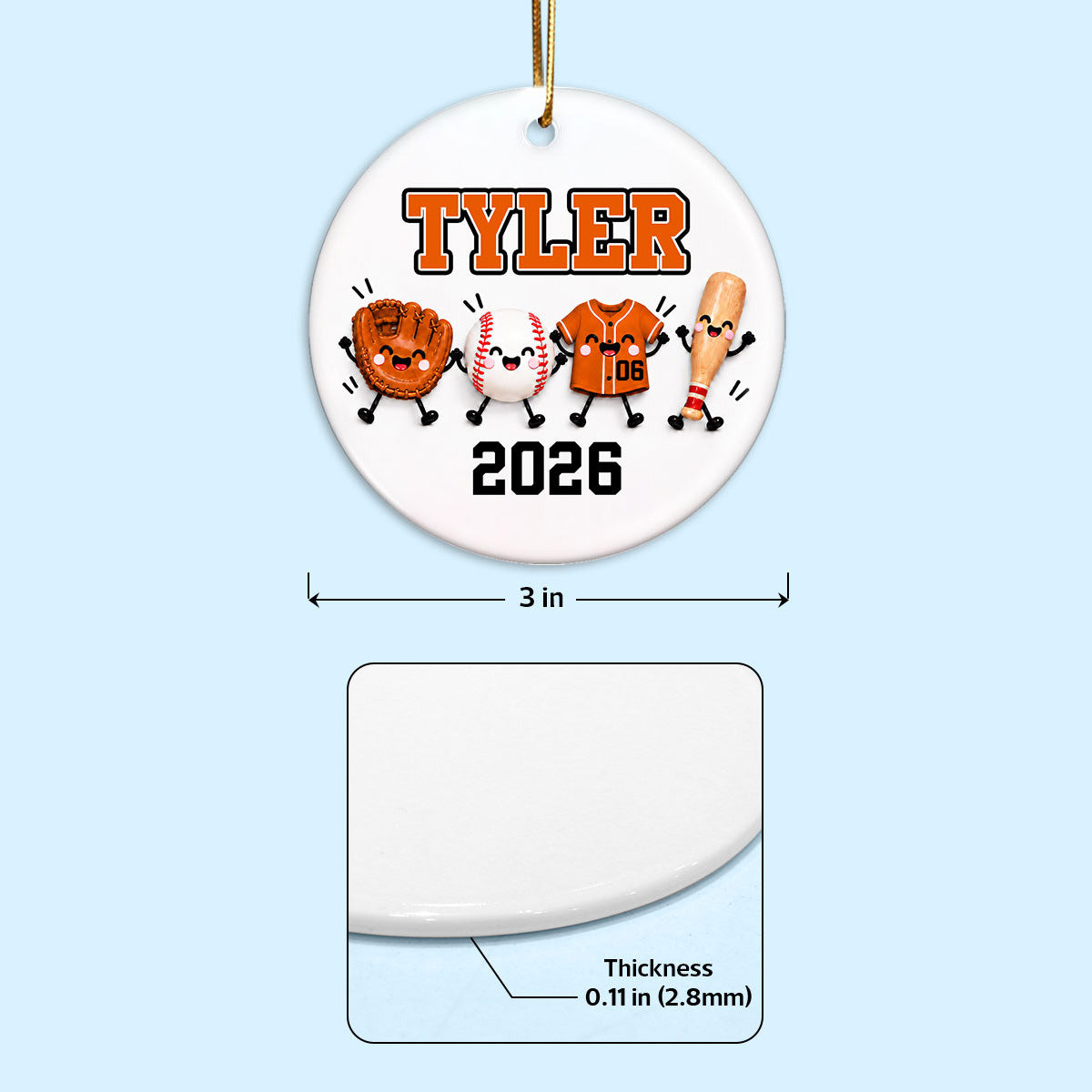 Baseball Things 2D Flat - Personalized Ceramic Ornament – Custom Name Baseball Christmas Keepsake Gift for Player, Son, Daughter, Teen