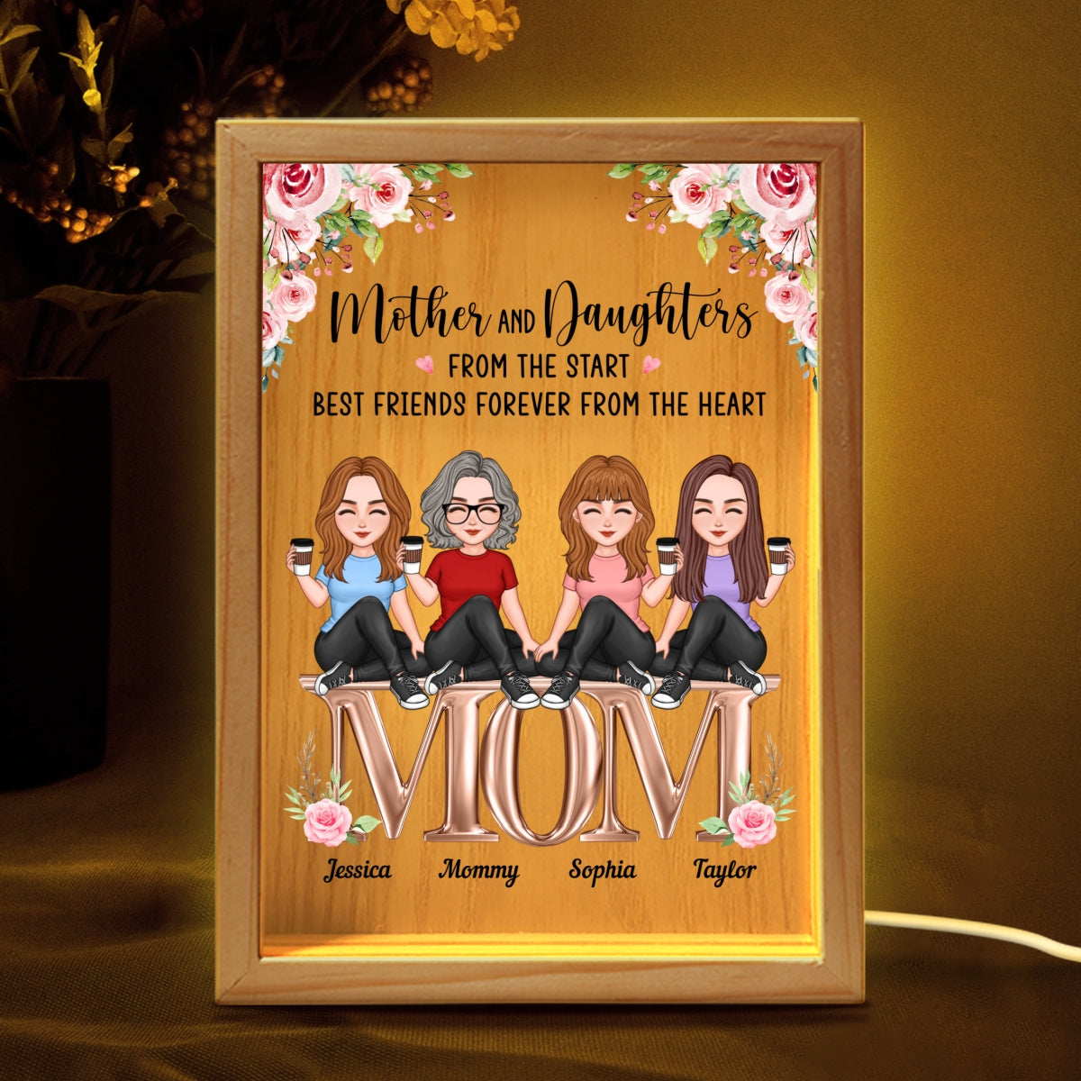 Mother And Daughters Best Friends Forever Personalized Wooden Frame Light Box