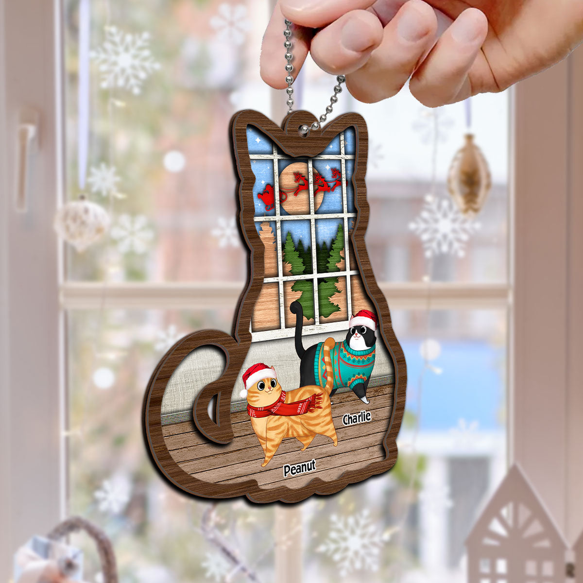 Full Cat Shaped Personalized Christmas 2-Layer Wooden Ornament