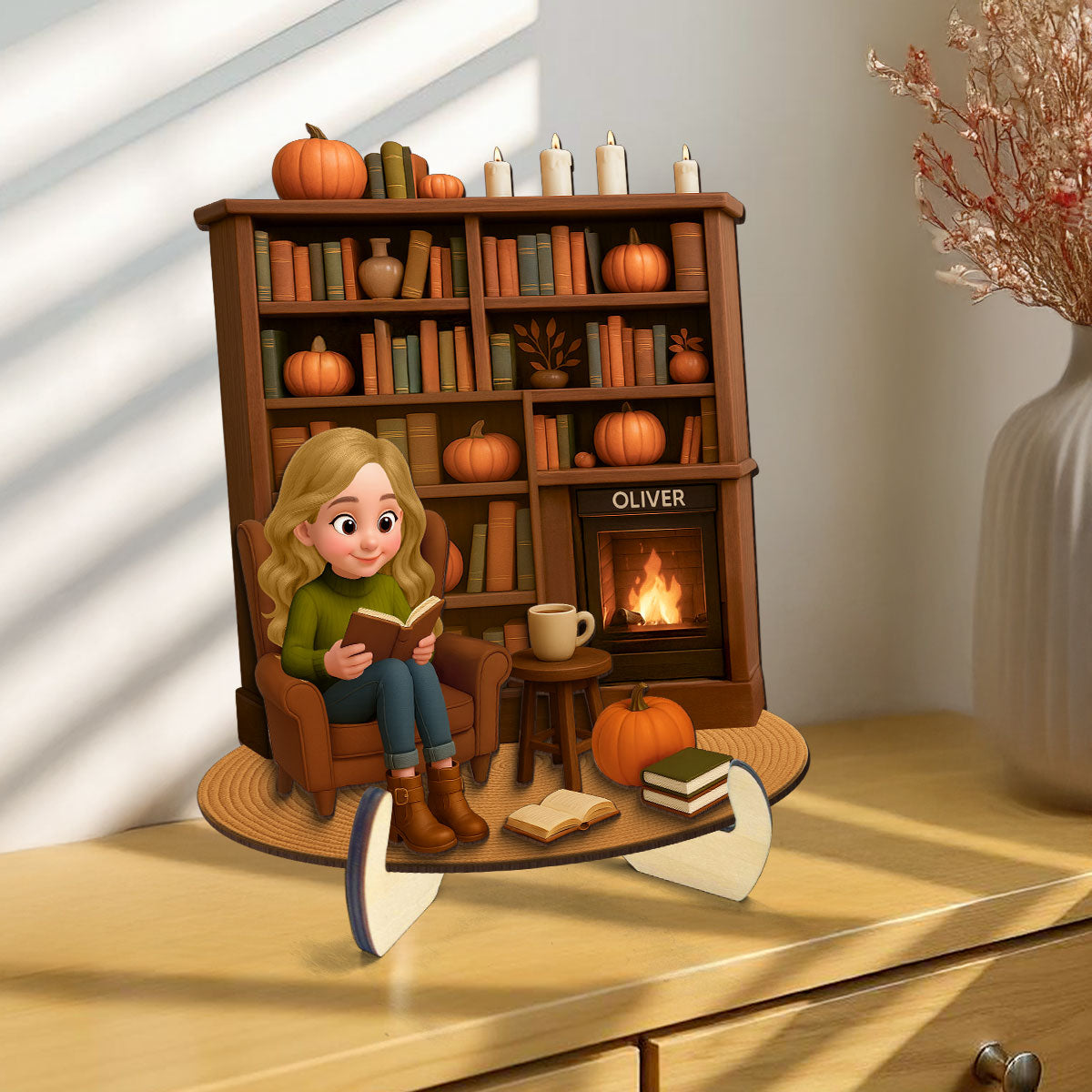 Fall Girl Reading Book Cozy Bookself Personalized 2-Layer Wooden Plaque