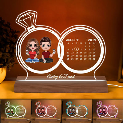 Doll Couple Sitting Anniversary Date Calendar Rings Personalized Custom Shape Acrylic Plaque With LED Night Light