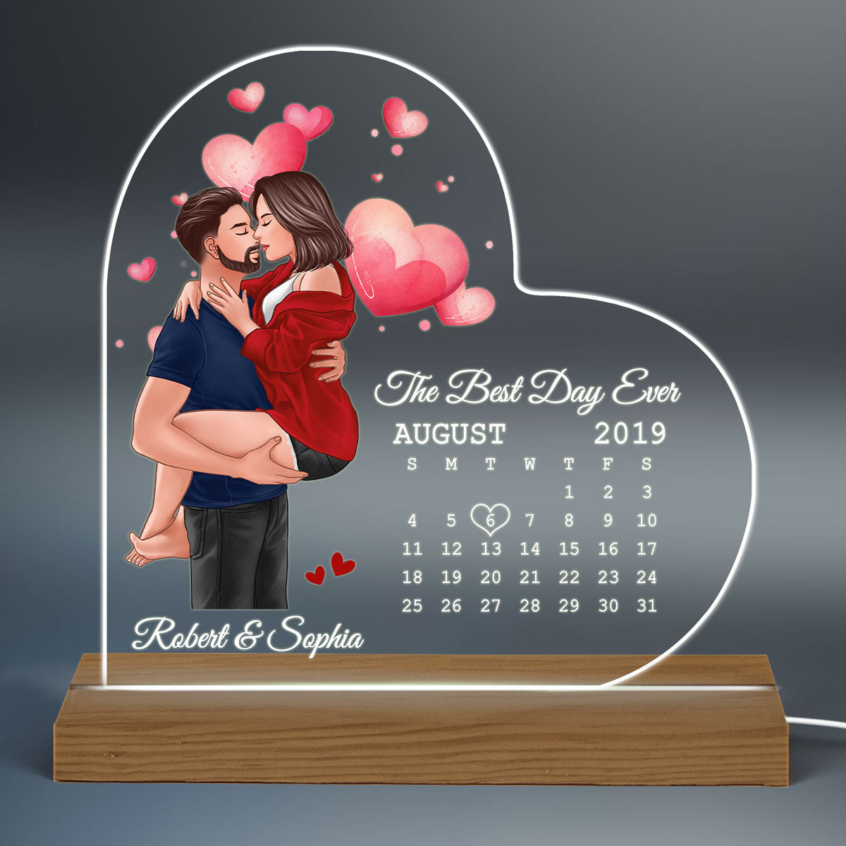 Man Holding Woman Kissing Calendar Anniversary Date Anniversary Personalized Heart Shaped Acrylic Plaque With LED Night Light