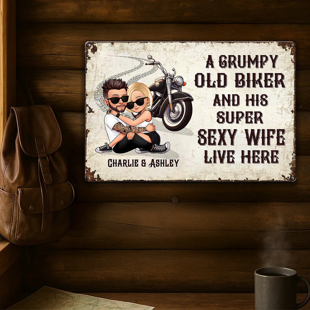 An Old Grumpy Biker and His Sexy Wife Live Here Personalized Metal Sign, Gift for Biker Couple