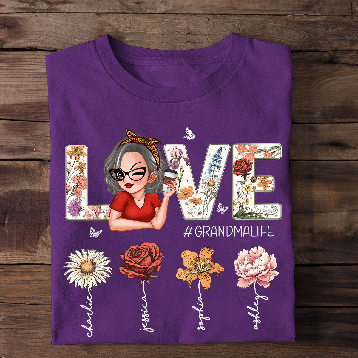 Love Grandma Life Vintage Birth Flowers With Kids Names Personalized Shirt