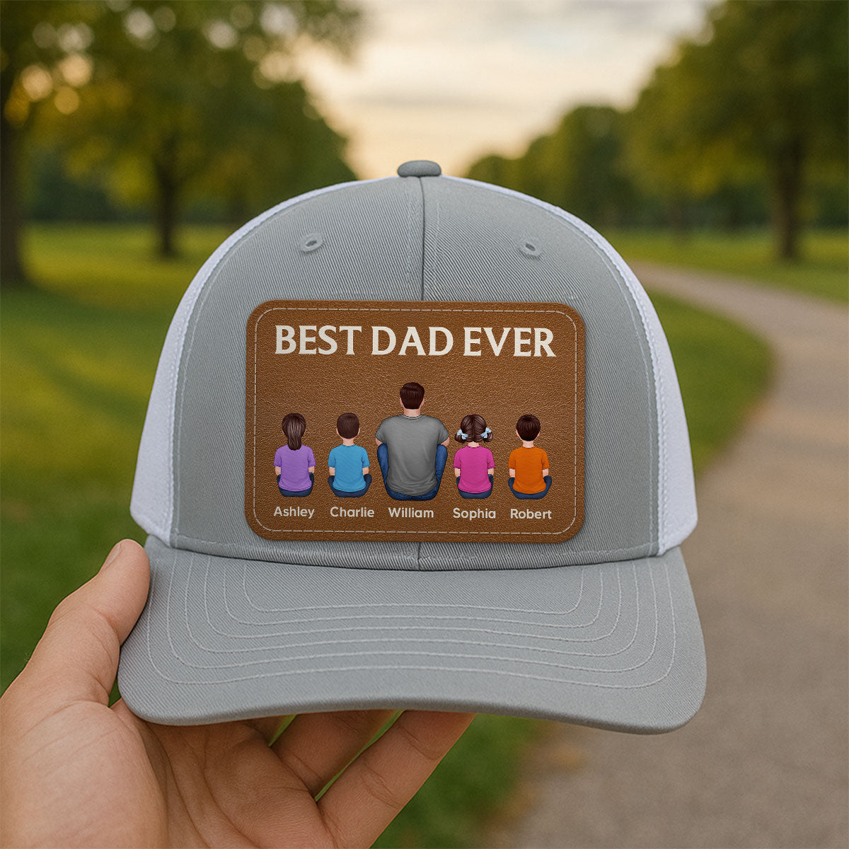 Best Dad Grandpa Ever Back View Sitting With Kids Personalized Leather Patch Hat