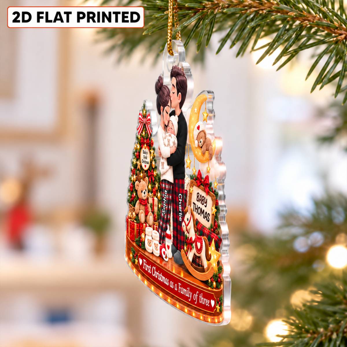 Heartwarming First Christmas As Family Of Three Newborn Baby - Personalized Acrylic Ornament - Christmas Keepsake, Gift For New Mom, New Dad, New Parents