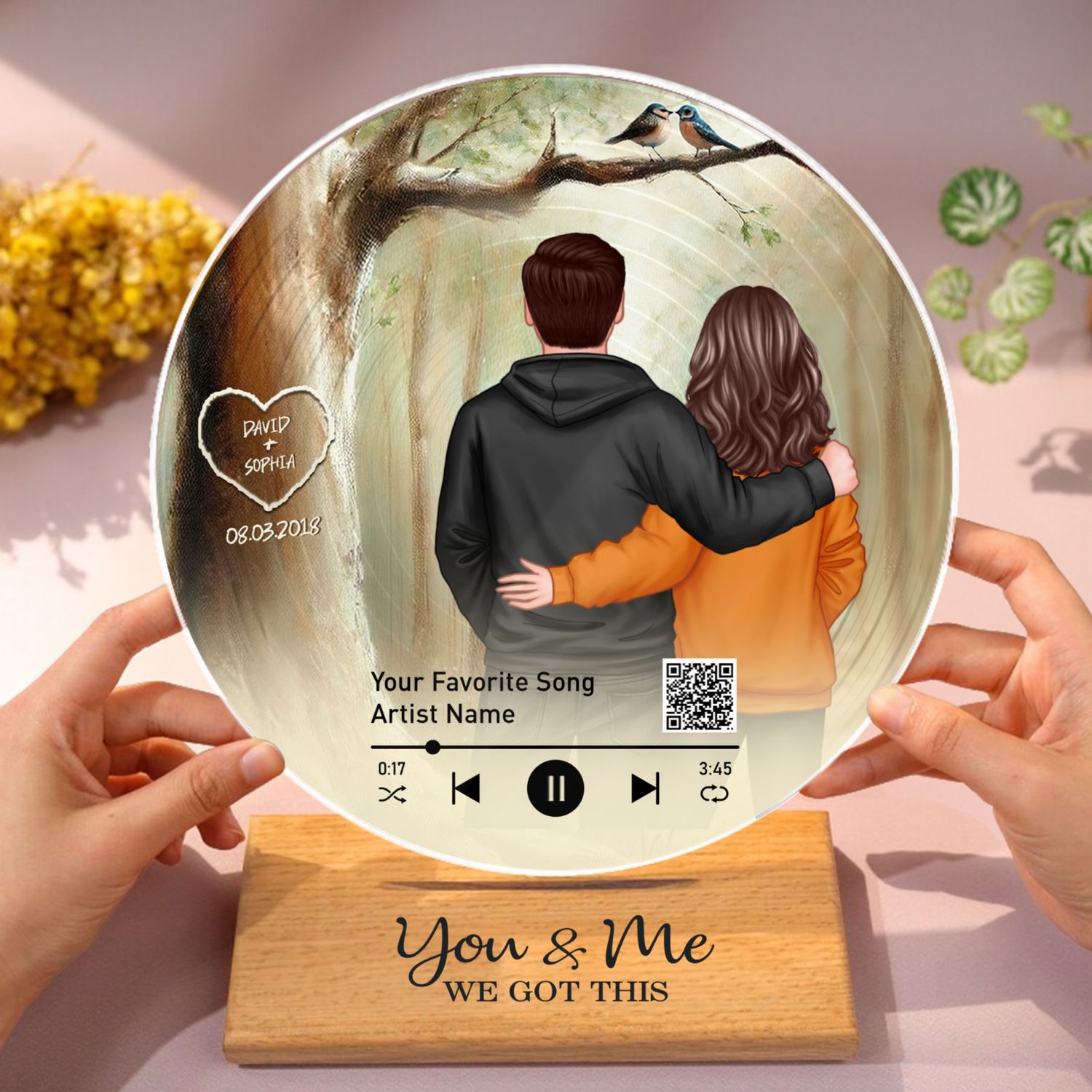 Couple Birds On Tree Personalized Vinyl Record, Scannable QR Code, Custom Names & Anniversary Date, Gift For Him, For Her