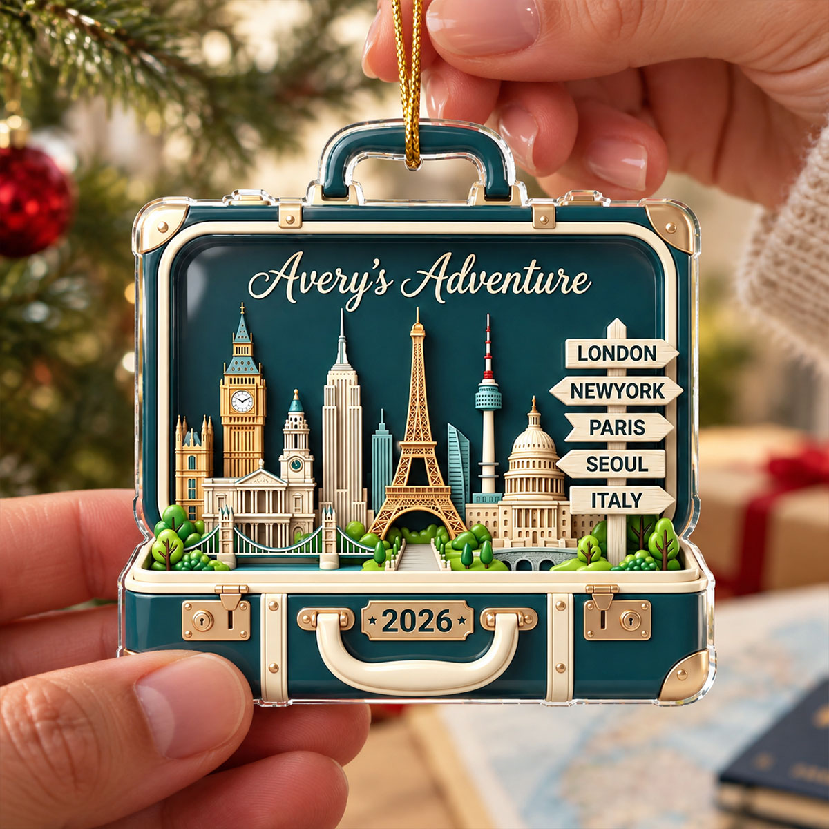 Custom Travel Adventure Suitcase 2D Flat Printed - Personalized Acrylic Ornament - Traveling Destination Keepsake, Christmas Gift For Traveling Lovers