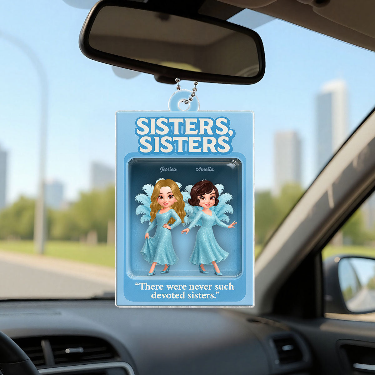 3D Effect Blue Dress Sisters Besties Inside Toy Box Personalized Acrylic Ornament