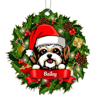 Christmas Wreath Peeking Dogs Personalized Wooden Ornament