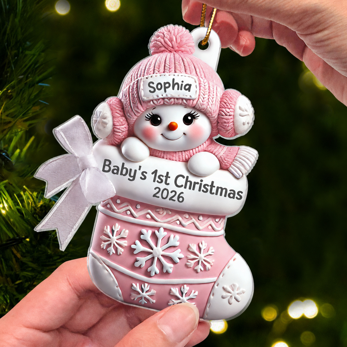 3D Effect Snowbaby On Stocking Baby's 1st Christmas Keepsake Personalized Acrylic Flat Ornament