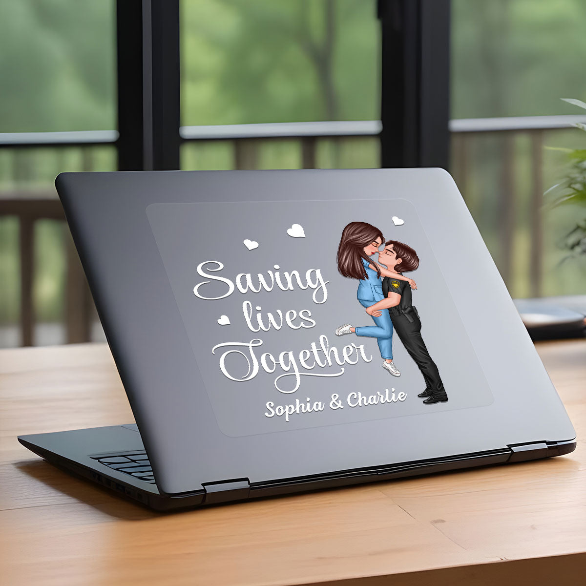 Saving Lives Together Hero Couple Hugging Kissing Personalized Decal