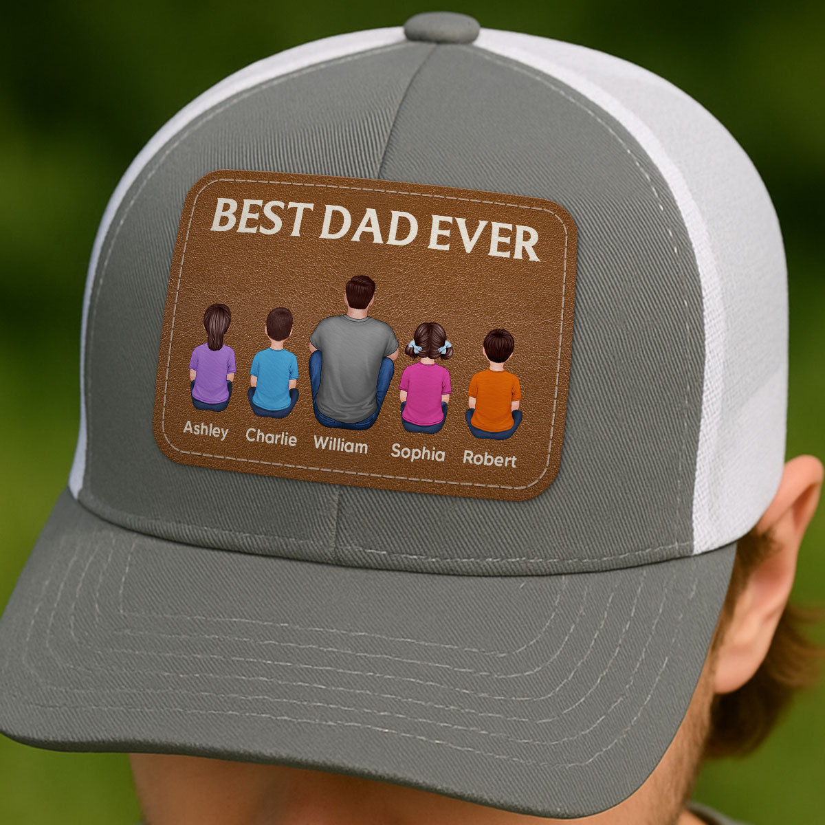 Best Dad Grandpa Ever Back View Sitting With Kids Personalized Leather Patch Hat