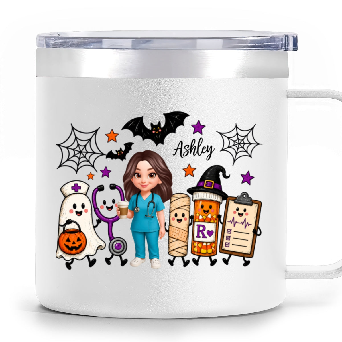 Halloween Cute Nurse Things - Personalized Stainless Steel Tumbler With Handle - Halloween Tumbler For Nurse