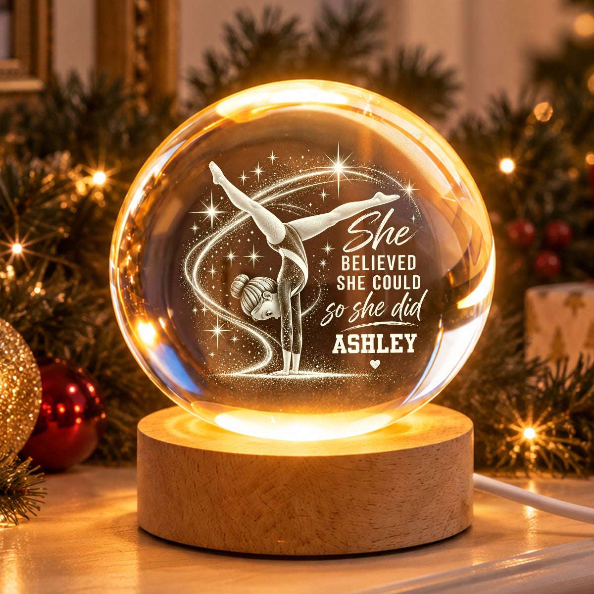 Beautiful Gymnastic Girl She Believed She Could So She Did - Personalized Crystal Ball LED Night Light - Christmas Gift For Gymnastic Girl, Gymnast, Daughter, Granddaughter