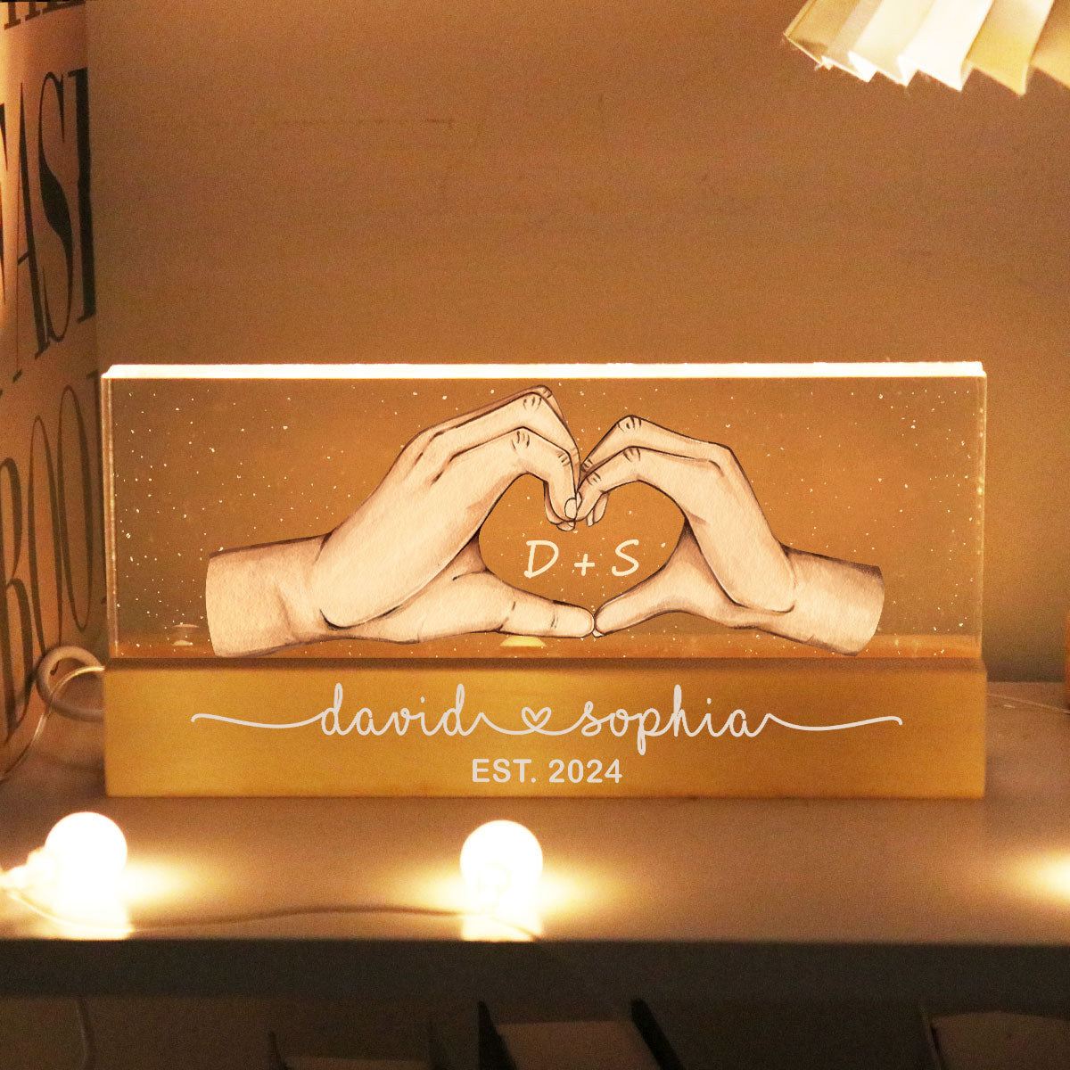 Couple Heart Hands Personalized Acrylic Block LED Night Light, Gift For Him, For Her, Boyfriend, Girlfriend, Husband, Wife