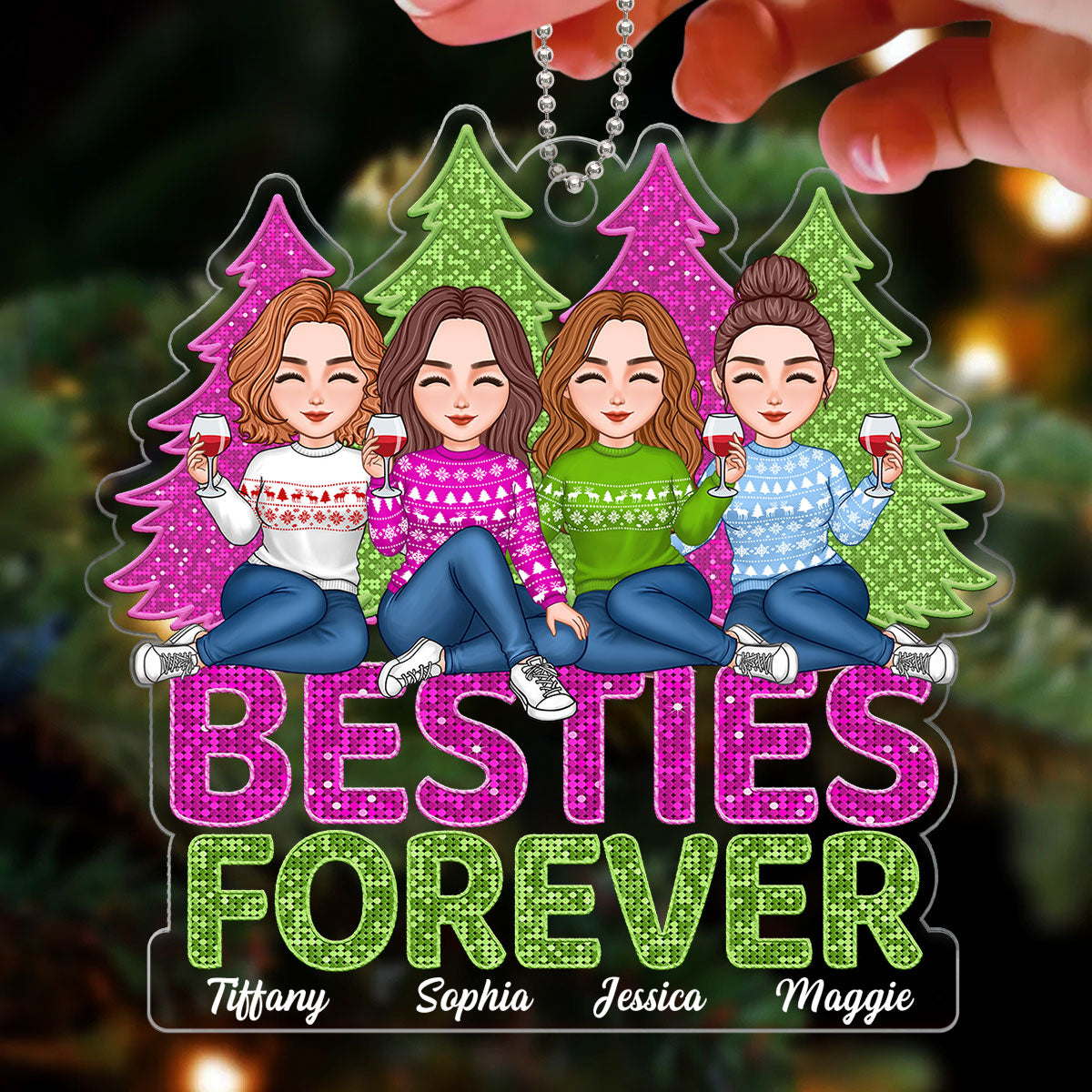 Pink And Green Sequins Texture Christmas Trees Besties Forever Personalized Acrylic Ornament