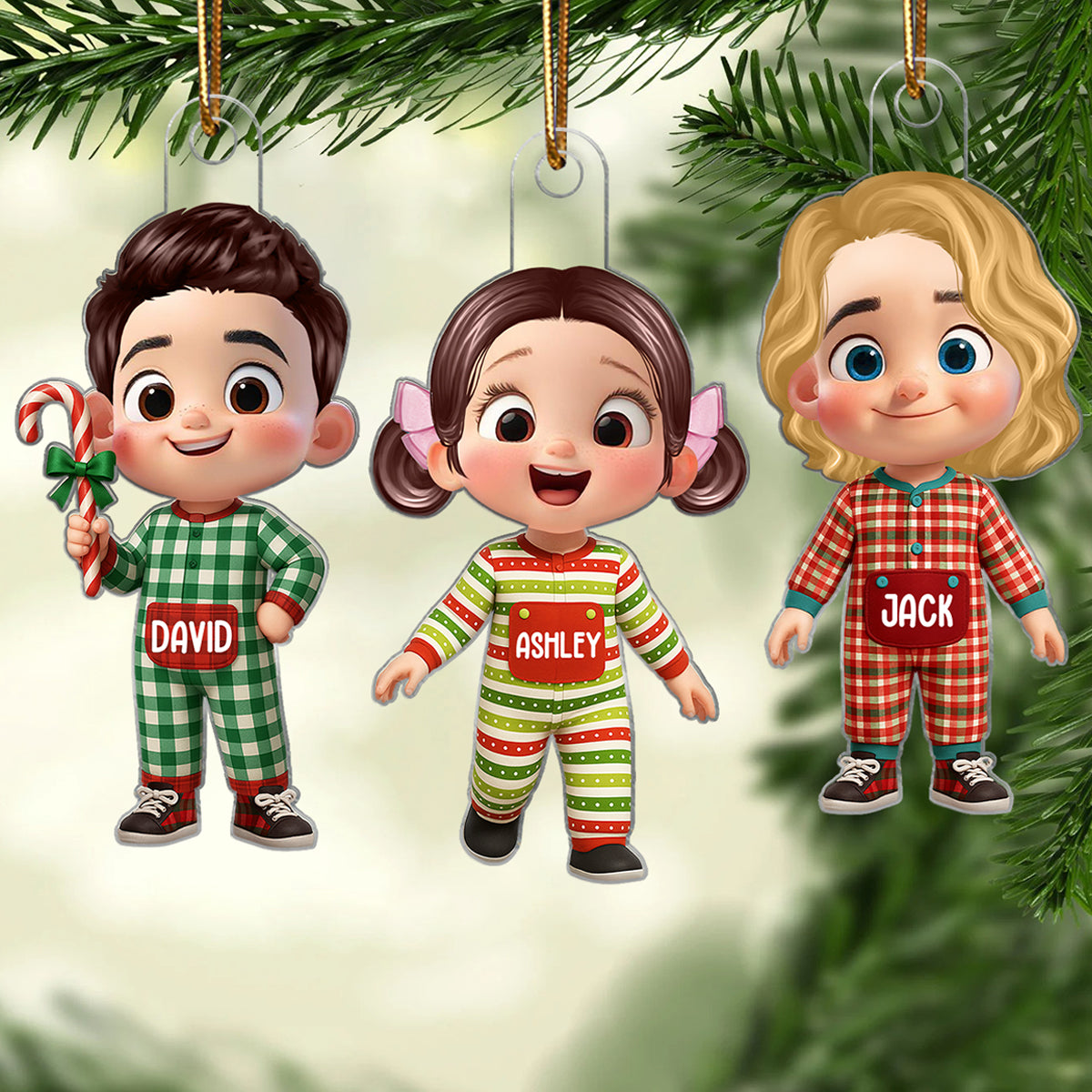 Cute Kids Pajama Personalized Christmas Ornaments, Christmas Gift for Kids, Grandkids, Plaid pajamas