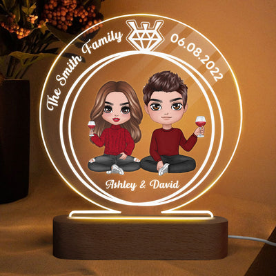 Doll Couple Sitting Ring Personalized Circle Plaque LED Night Light - Wedding Anniversary Gift