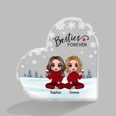 Doll Besties Sitting Snow Background Personalized Heart Acrylic Plaque