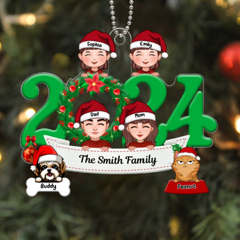 Family And Dogs Cats Peeking 2024 Personalized Acrylic Ornament
