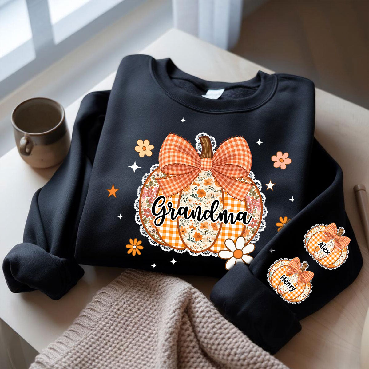 Fall Season Lace Pattern Grandma Pumpkins Personalized Sleeve Printed Sweatshirt