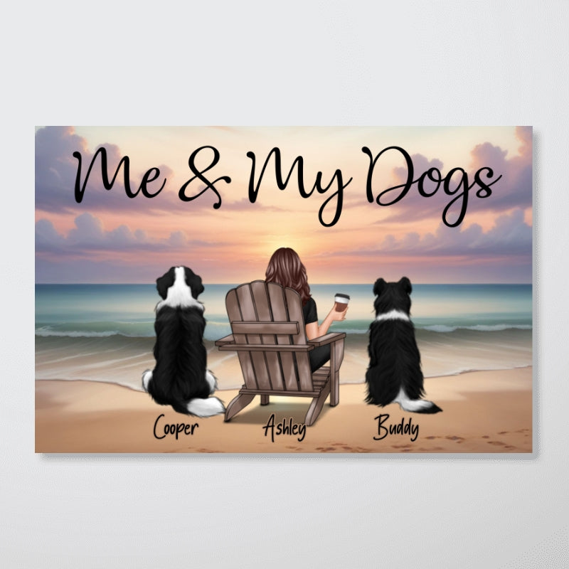 Single Person Me And The Dogs Cats Realistic Beach Landscape Personalized Poster